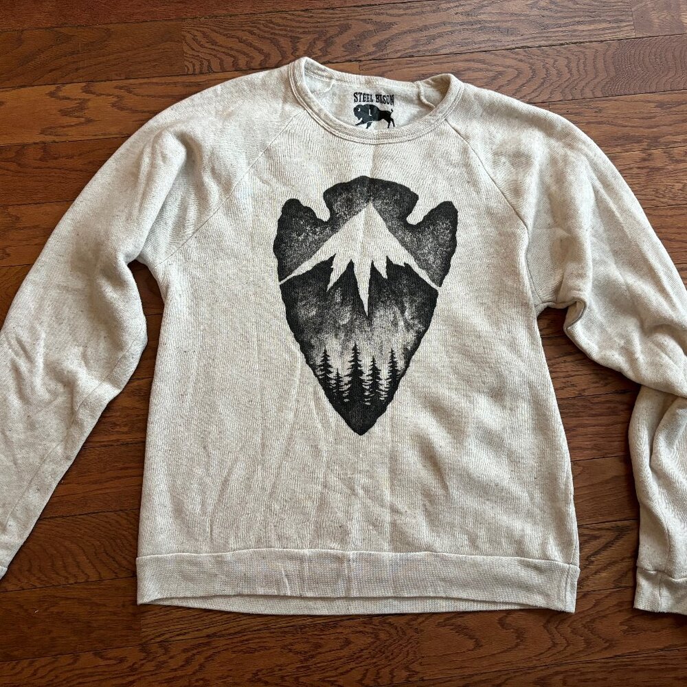 Steel Bison/ Sam Larson Oatmeal Crewneck sweatshirt w/ Mountain/Arrowhead design